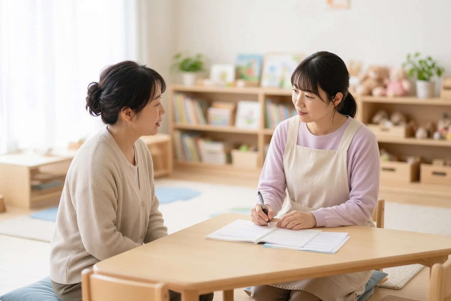 保育室の低い木のテーブルをはさんで、保護者とエプロン姿の保育士が向かい合って話している様子。テーブルには開いた冊子が置かれ、保育士はペンを持っている。奥には絵本棚とぬいぐるみの棚が見える