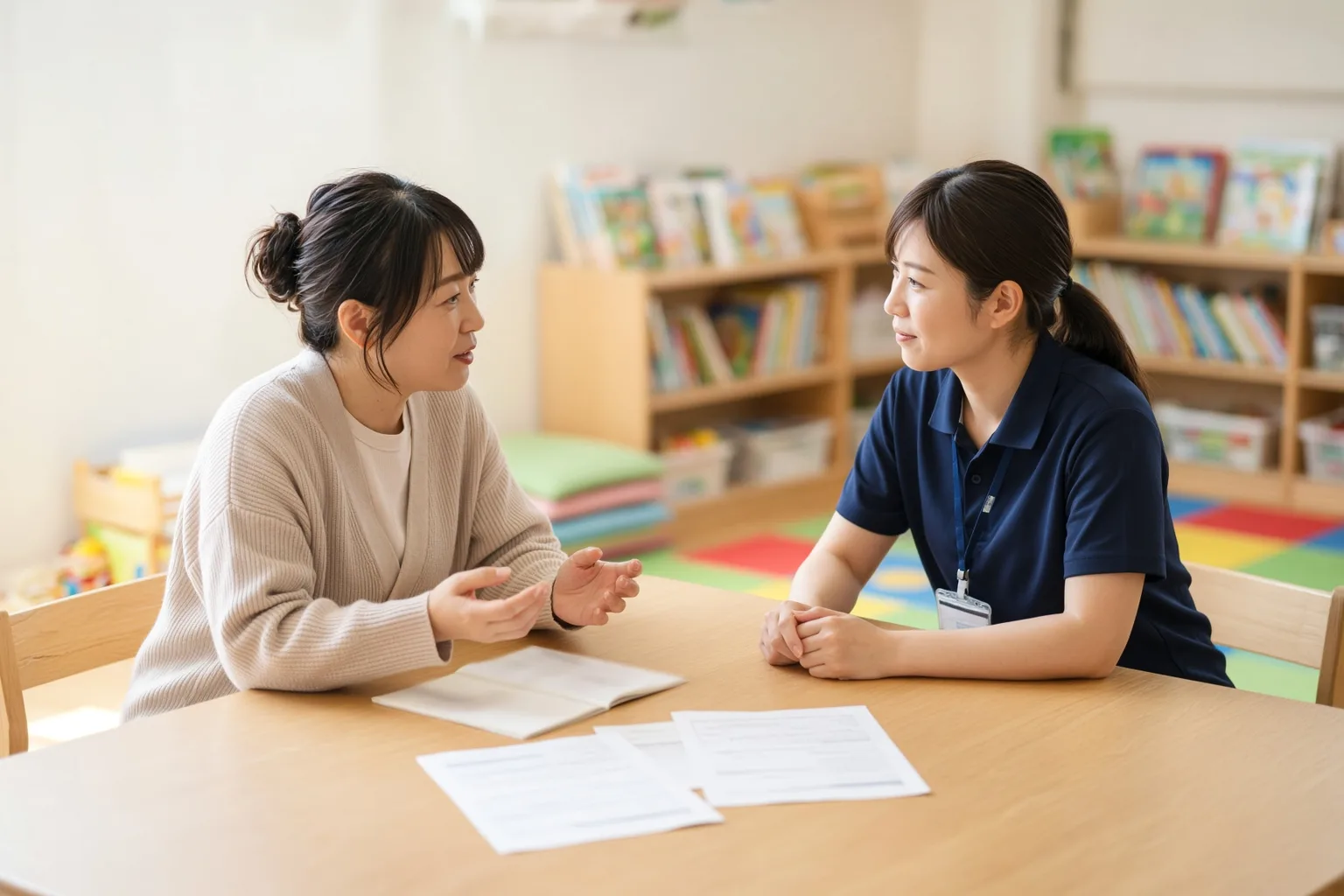 放課後等デイサービスの一室で、保護者とスタッフがテーブルをはさんで話している様子。奥には絵本棚とプレイマットが見える