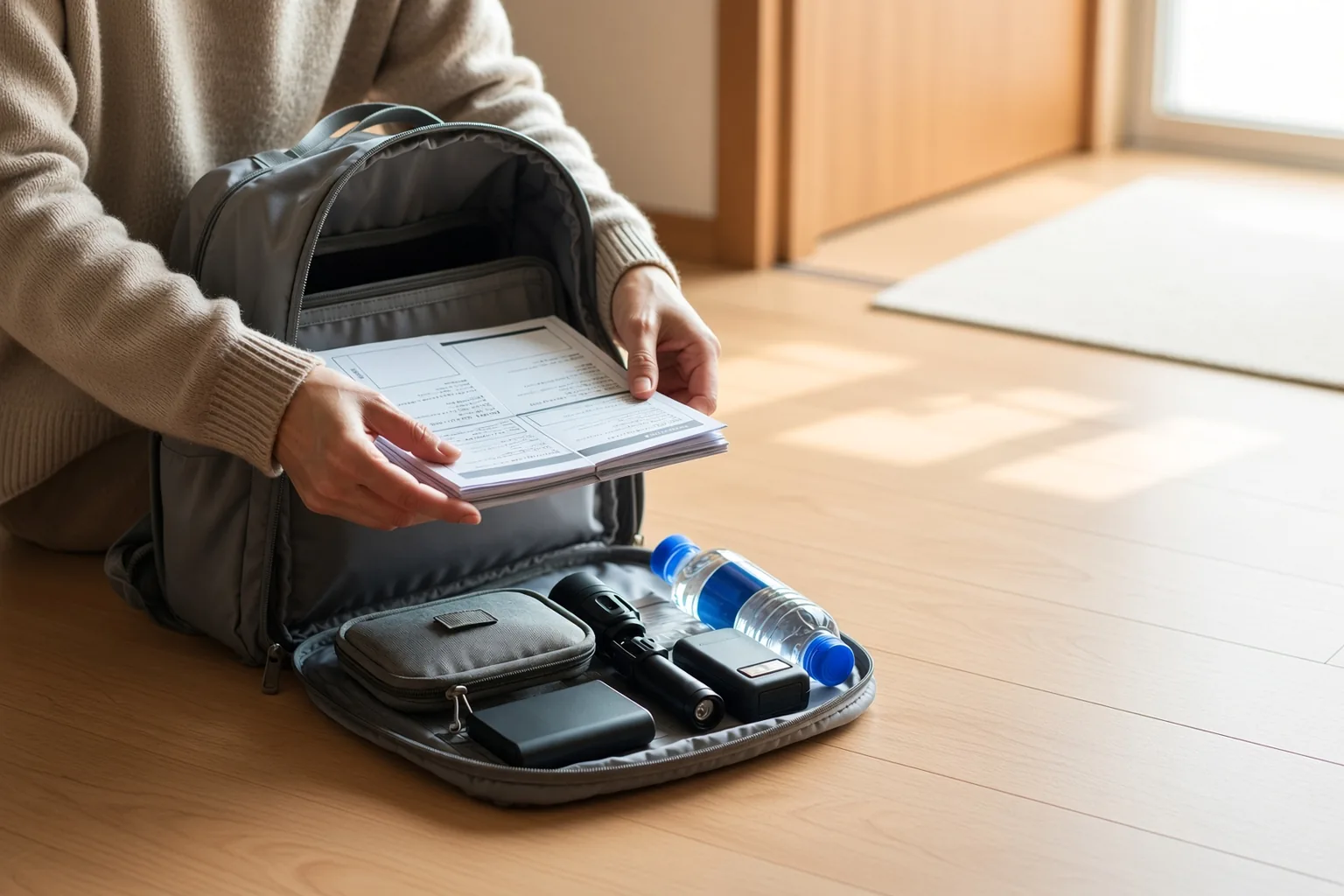 玄関の明るい木の床に置かれた、開いたグレーの防災リュック。ベージュのニットを着た人が、印刷した冊子をリュックに入れようとしている。手前のポケットには小さなポーチ・懐中電灯・モバイルバッテリー・水のペットボトルが並んでいる