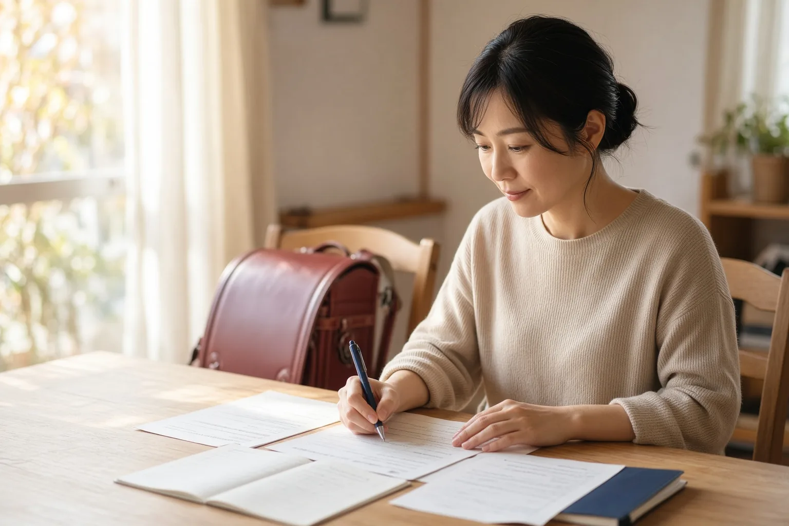 ダイニングテーブルで就学支援シートに記入する保護者。うしろの椅子には新しいランドセルが置かれている