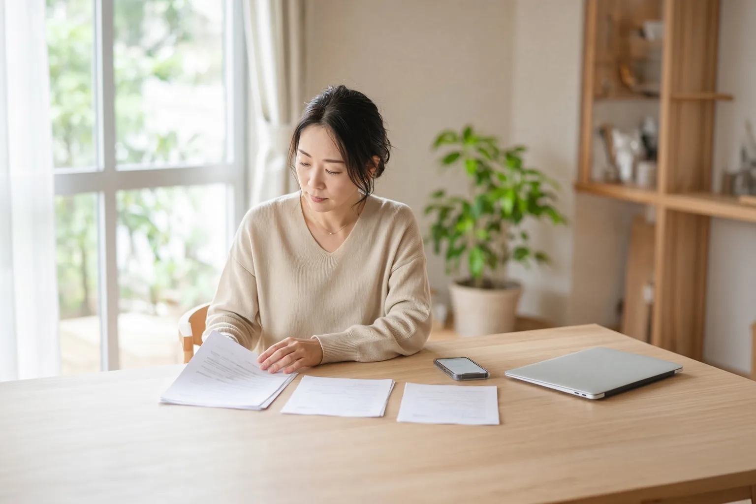 明るいリビングの木のテーブルで、3つに分けて並べた書類を見比べている女性。手前の1組をめくりながら見ており、横にはスマートフォンと閉じたノートパソコンが置かれている