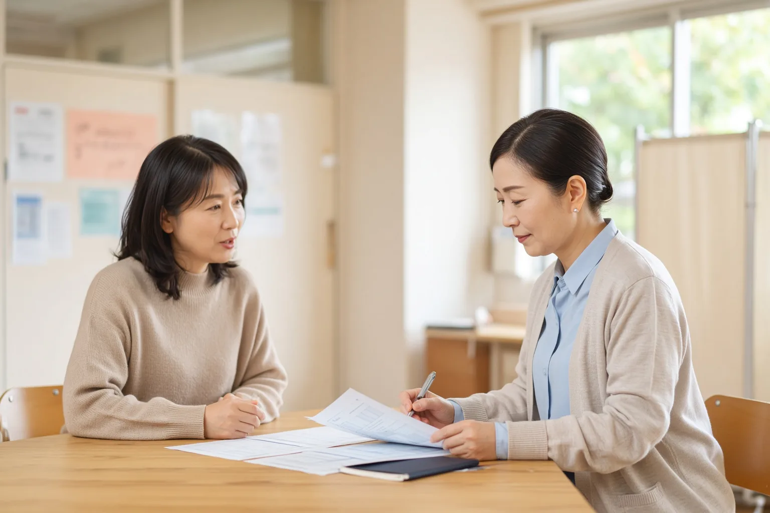 学校の面談室で、保護者と先生が木の机をはさんで話している様子。机の上には資料のプリントが広げられ、先生はペンを持ってメモを取っている